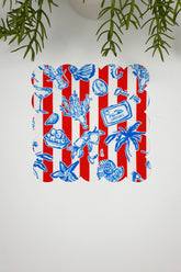 Laser Cut Cocktail Napkin with Red, White Stripes and Blue Sea Objects Pattern, 1 Piece